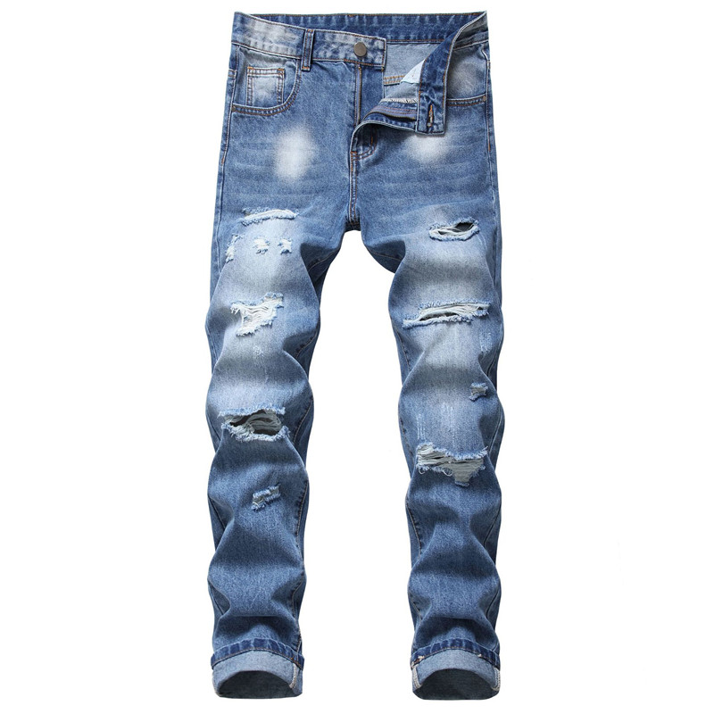 Men Hole Jean Straight Cotton Stretch Denim Jeans Trouser Male Hip Hop Streetwear Blue Handwash Pants-image-373734660
