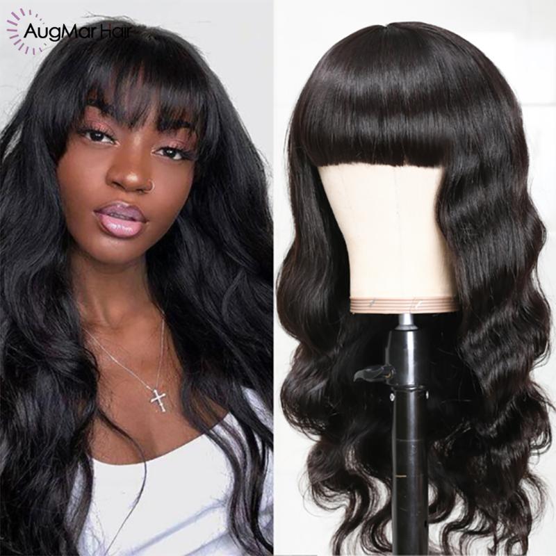 

Body Wave Lace Front Human Hair Wigs Pre Plucked Remy Hair With Bangs, Natural color