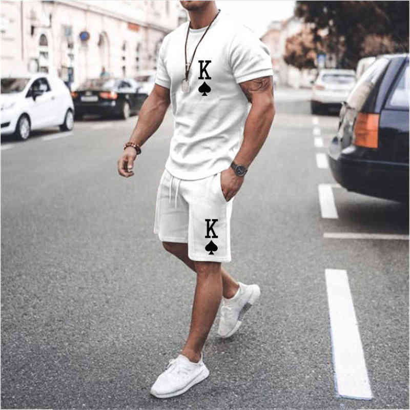 

2021 New Men's Sets Spades Poker Letter K Summer Short-Sleeved T-Shirt Suit Fashion Two-Piece Street Short-Sleeved 3D Printing G220217, 11