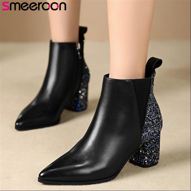 

Smeeroon high quality 2021 new winter autumn boots for female genuine leather black shoes pointed toe women ankle boots, Black with fur