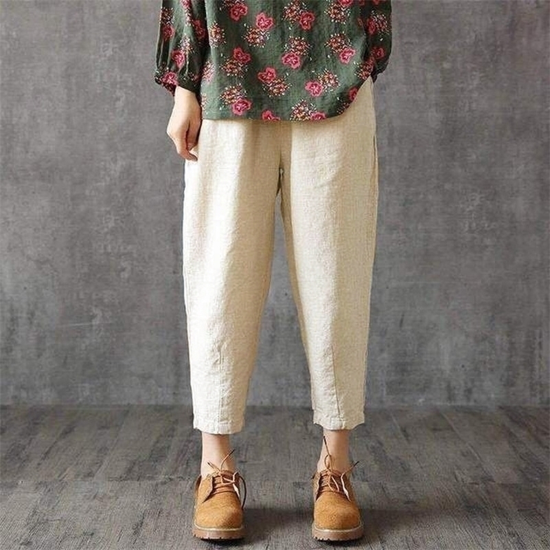 

Vintage Plus Size White Cotton Women Pants Summer Elastic Waist Loose Casual Harem Pants Women' Pocket Cotton Linen Trousers 201109, Coffee