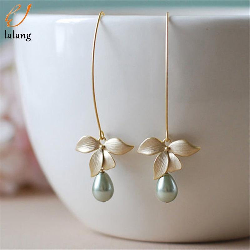 

Women Earring Orchid Flower Green Pearl Earring Hook Dangle Earrings Bridal Jewelry