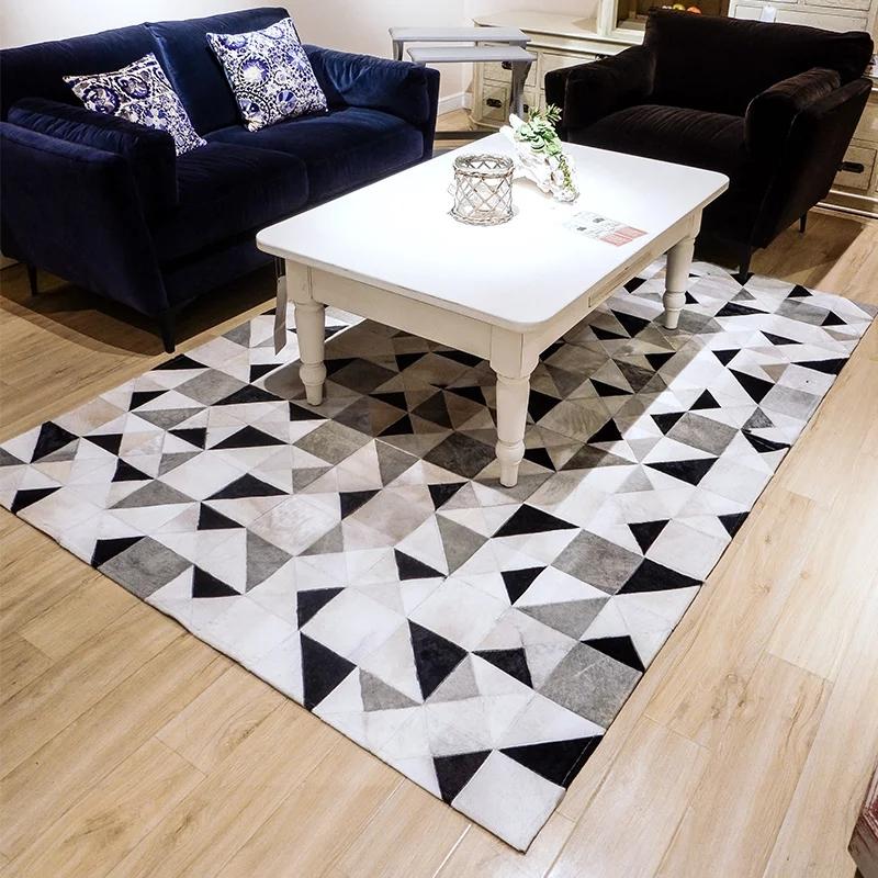 

Geometric black white and gray triangles natural cowhide skin fur carpet for living room big size decoration office carpet, As picture