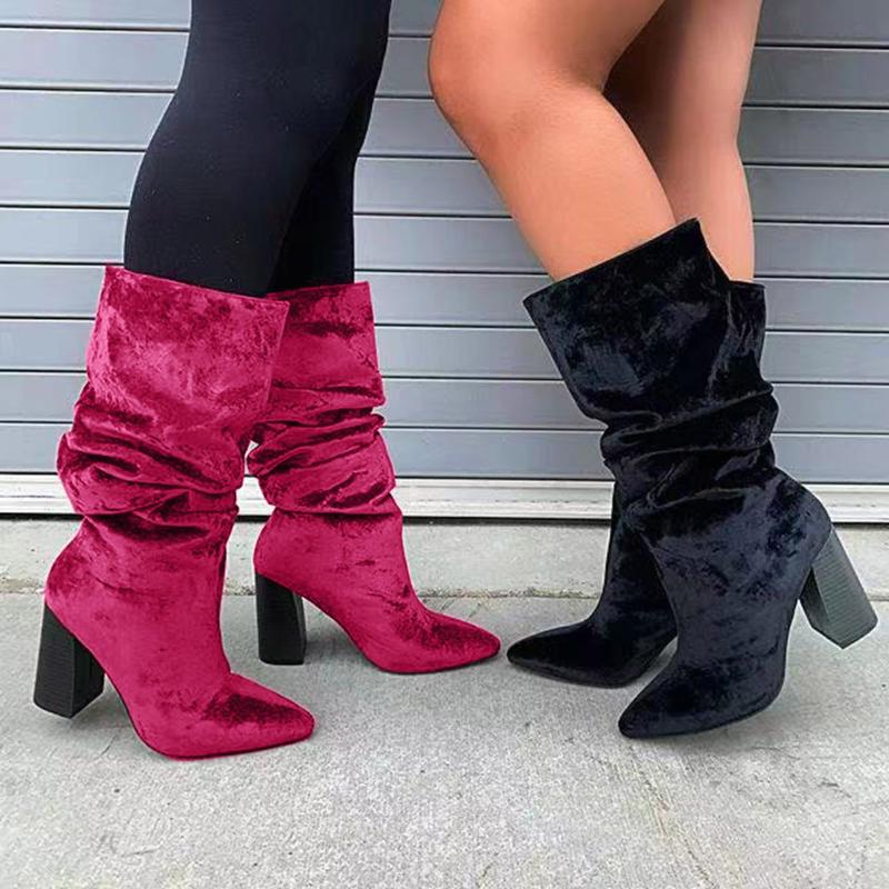 

Fashion Autumn Winter Retro Women Suqare Heels Slip-On Solid Colors Suede Middle Tube Boots Booties Pointed Toe Shoes Zapatos#35, Black