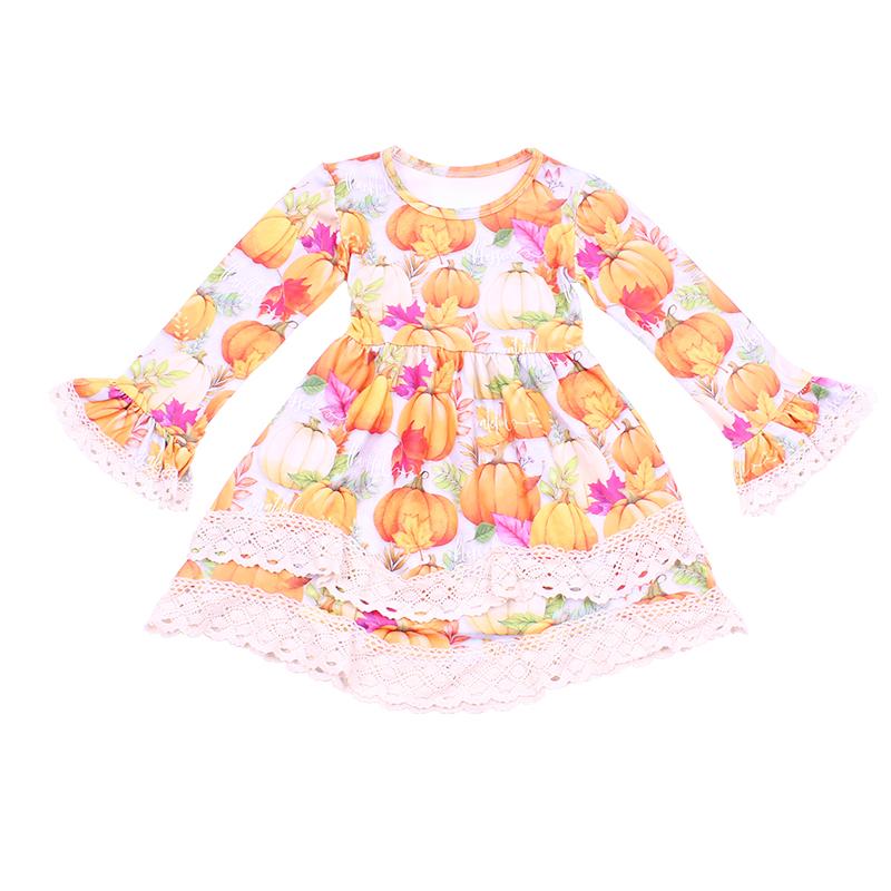

Hot Selling New Style Girls Clothings Long Flare Lace Sleeve Kids Pumpkin Lace Dress Boutique Children Festival Dress MilkSilk, Orange