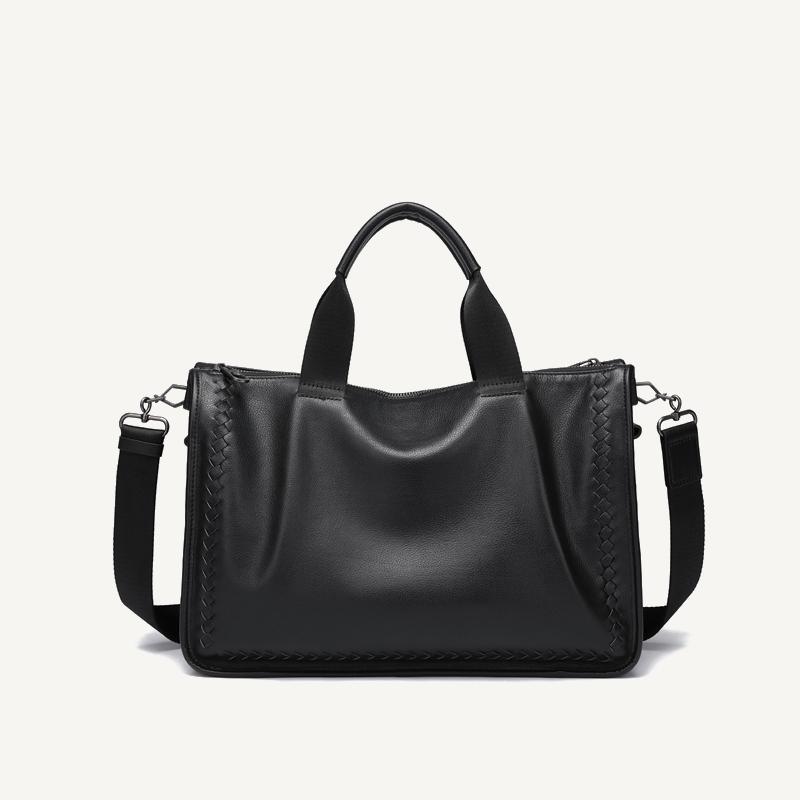 

Genuine Leather Men's Business Briefcase Large Capacity Woven Design One Shoulder Crossbody Bag Travel 2021 New, Black
