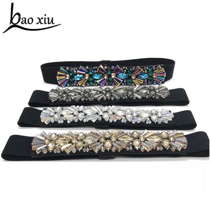 

Belts Fashion Luxury Women Crystal Elastic Belt Rhinestones Flower Straps Girls Jeweled Girdle Dress Beads Accessory, Black