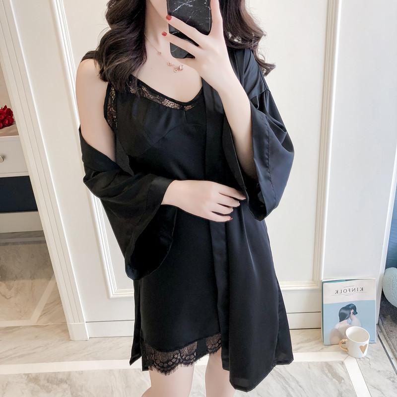 

Black Sexy Kimono Robe Gown Suit Women V-Neck Backless Nightdress With Bra Autumn New Satin Bathrobe Lace Trim Sleepwear