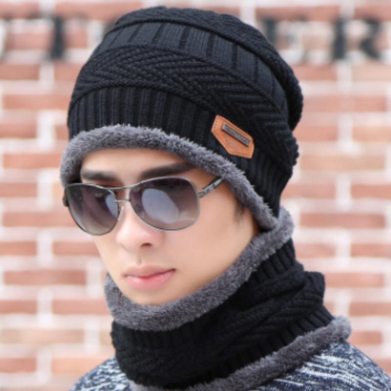 

Men's Winter Warm 2Pcs Suit Knitted Cotton Woolen Hat And Scarf Plus Velvet Thickening Fashion Satin Solid Color Hat