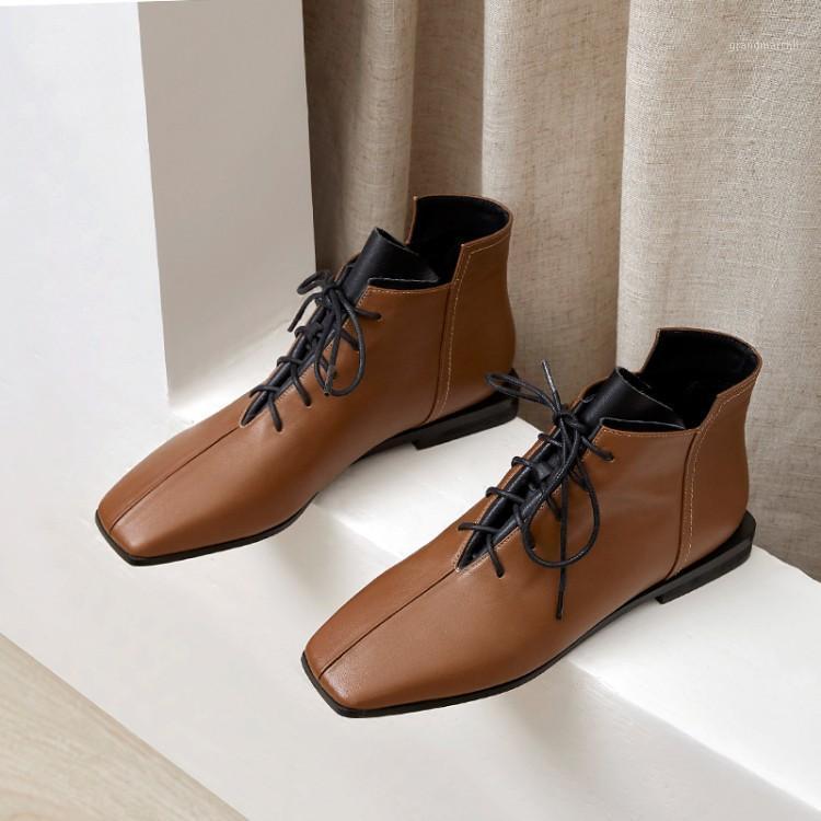 

MLJUESE 2020 women ankle boots cow leather square toe lace up winter short plush low heels women boots party dress wedding1, Khaki