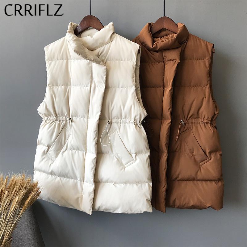 

Winter Down Jacket Women Medium Long Stand Collar Sleeveless Vest Parka 2020 New Adjustable Waist Slim Chic Coat CRRIFLZ, Beige