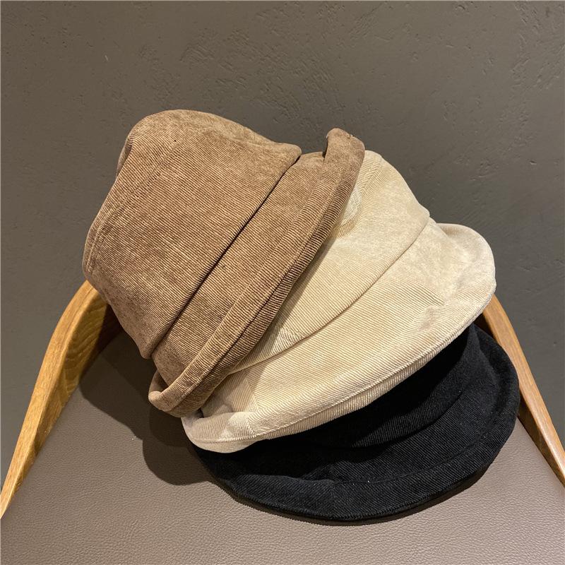 

Japanese Corduroy Fisherman Hat Female Joker British Hat Korean Version Of Small Brim Curling Edge Sunshade Basin Male, Black