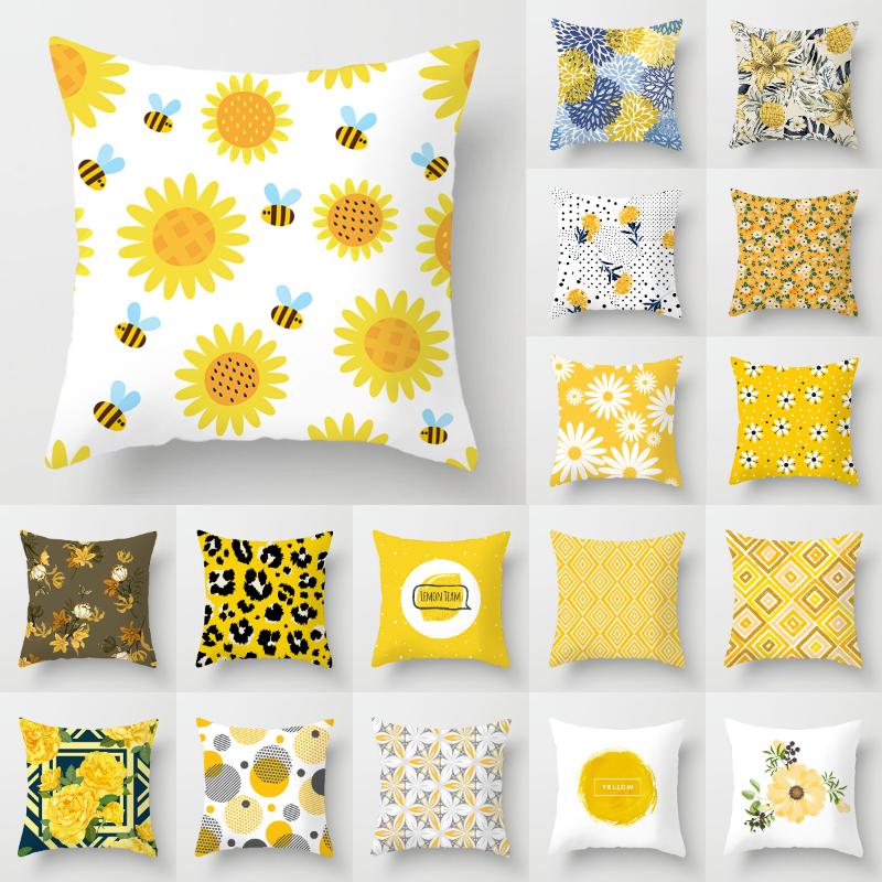 

2020 NEW Yellow Floral Cushion Cover Modern Nordic Geometric Polyester White Pillowcase Livingroom Sofa Decorative Pillows, Drd374-29