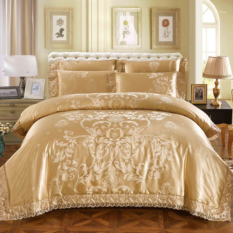 

Lace Silver Golden Silk Satin Luxury Bedding Set King Size  Bed Set Duvet Cover Cotton BedSheet linens parure de lit adulte1, Blue 1