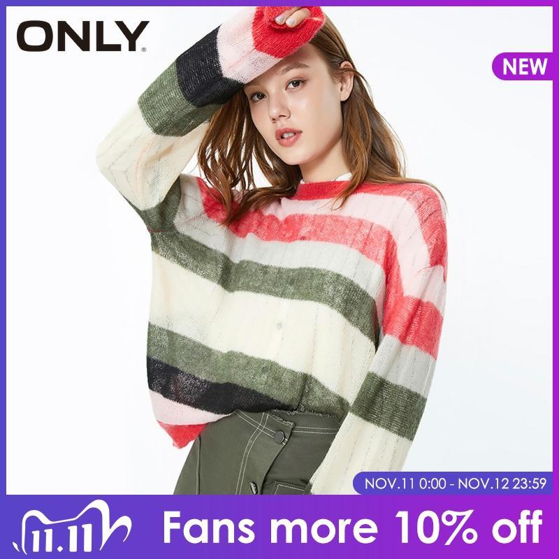 

ONLY Autumn Winter Striped Loose Crew Neck Pullover Sweater 119324561, Beetroot purple