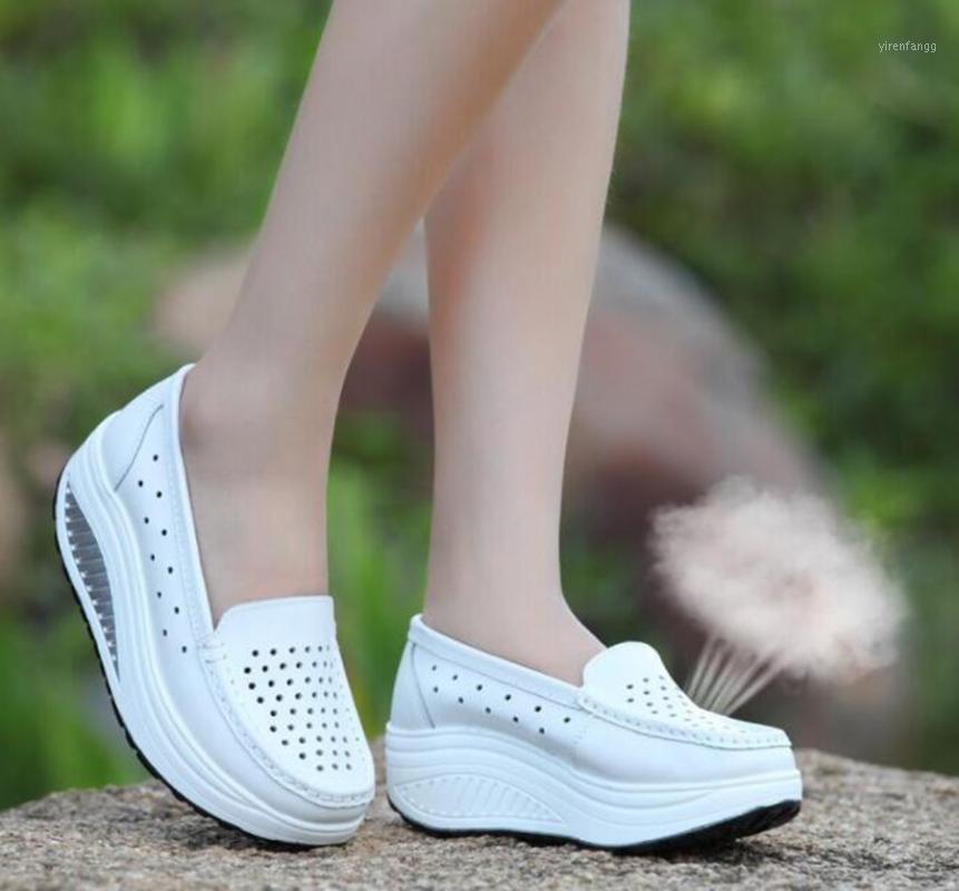 

Summer Rocking Shoes Leather Women's Shoes Ladies White Hollow Hole Nurses Platfor1, Black
