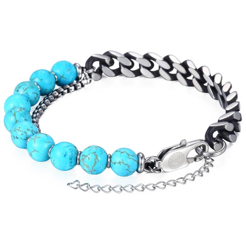 

Womens Men's Blue Beads Bracelet Gunmetal Stainless Steel Cuban Link Chain Bracelet For Men Woman Jewelry Valentines Gifts DLB52