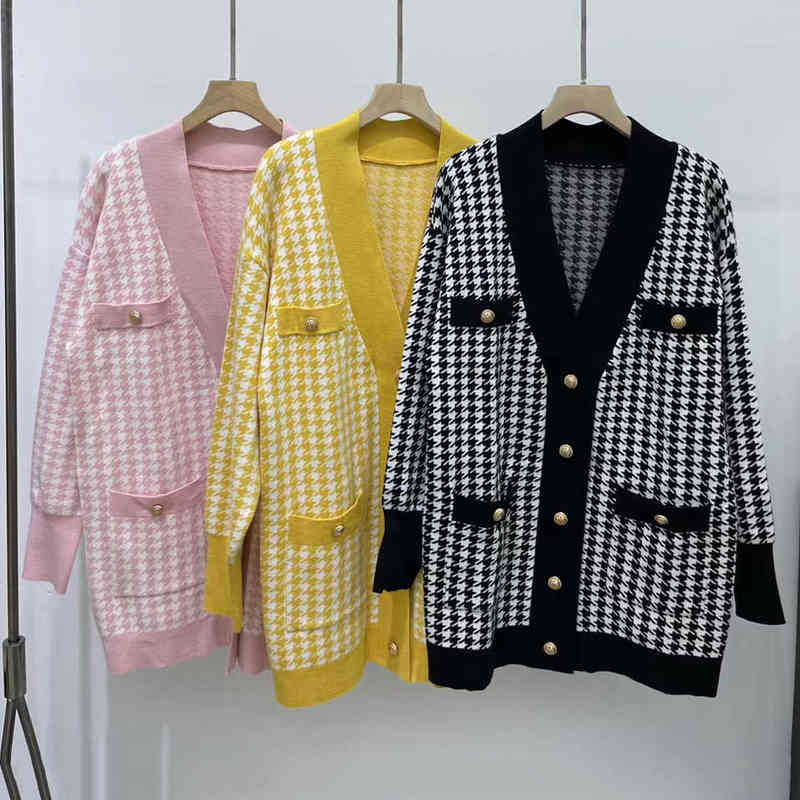 

Fashion-Casual Long Knitted Pink Cardigan Female Autumn Winter Drop Shoulder Sweater Coat Basic Button Women's Houndstooth Tops C-308 220104, Yellow white