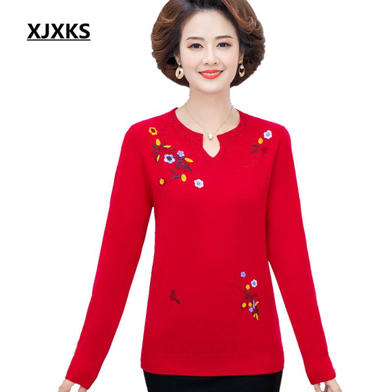 

XJXKS Exquisite embroidery women sweater 2020 autumn winter new 100% wool knitted sweater women pullover, Blue