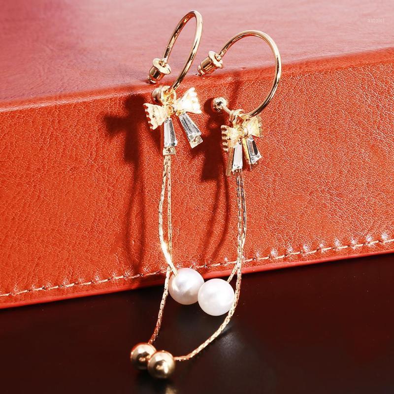 

Crystal Bow Golden Metal Long Tassels Dangle Drop Earrings For Women Girl Party Jewelry Pearl Pendant Earrings1
