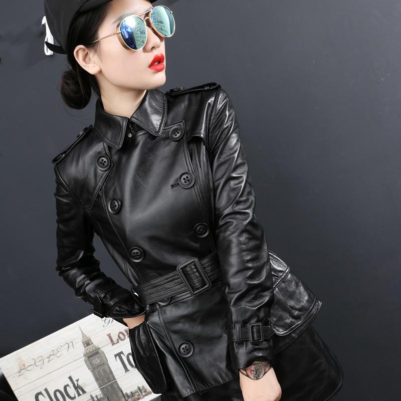 

Genuine Sheepskin Jacket Women's Cool Black Leather Coat Spring Autumn Female Belt Short Leather Coats Ladies Coats