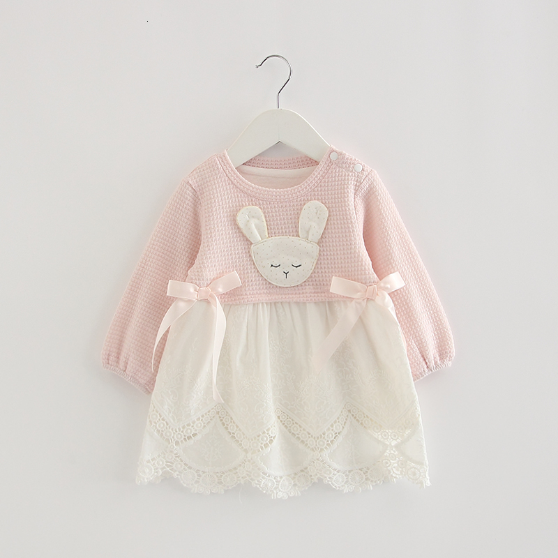 

2021 New Girl Newborn Rabbit Embroidery Cotton Lace Infant Birthday Baby Clothes with Two Bows 2 Color Tzzm, Pink