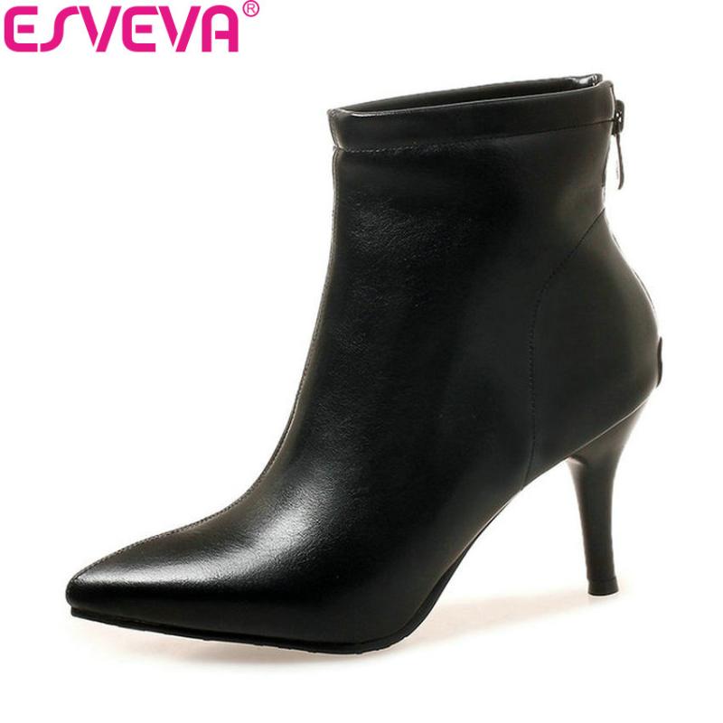 

ESVEVA 2020 Women Zipper Shoes Boots Sexy Thin High Heels PU Leather Ankle Boots Pointed Toe Autumn Shoes Women Size 34-43, Beige