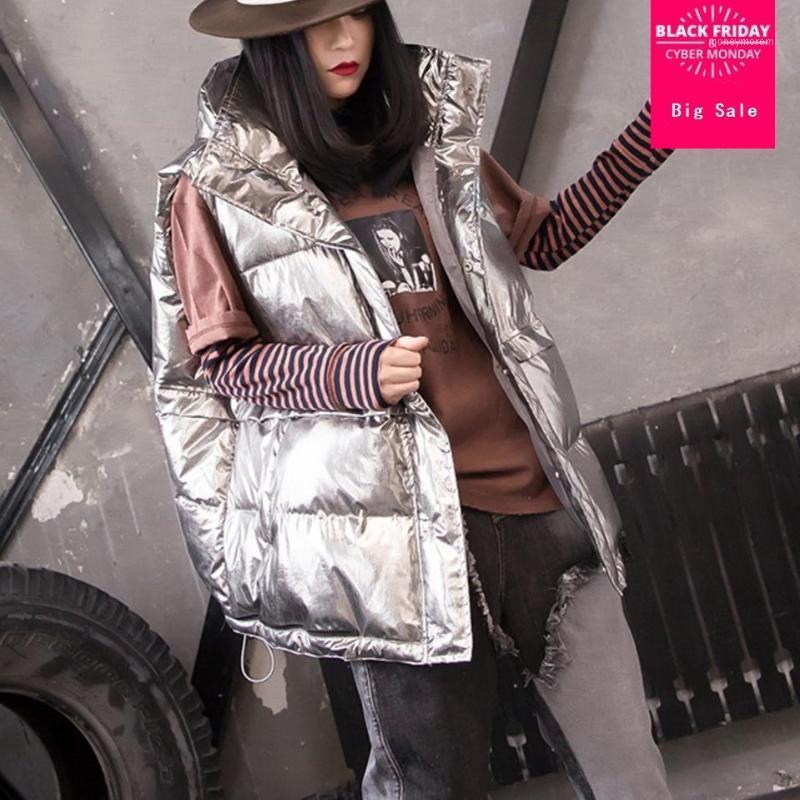 

2020 autumn winter women hooded bright surface down cotton vest coat solid color wild loose bread clothing jacket outwear L11491, Black