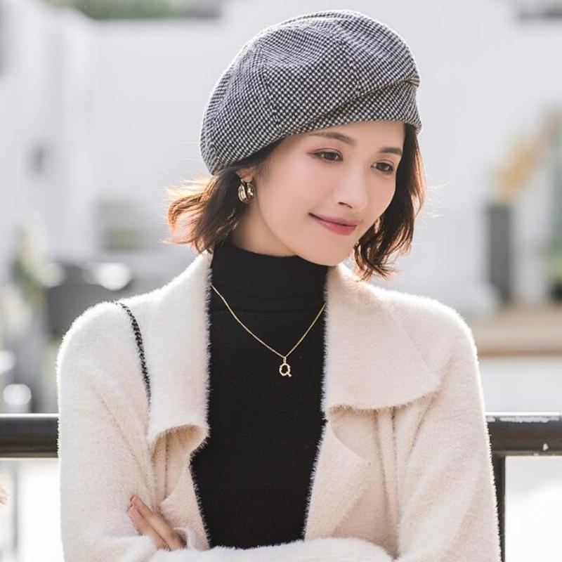 

New Elegant Artist Beret Hat For Women Female Winter Stylish Plaid Wool Berets Painter Octagonal Hats Warmer Caps, Black