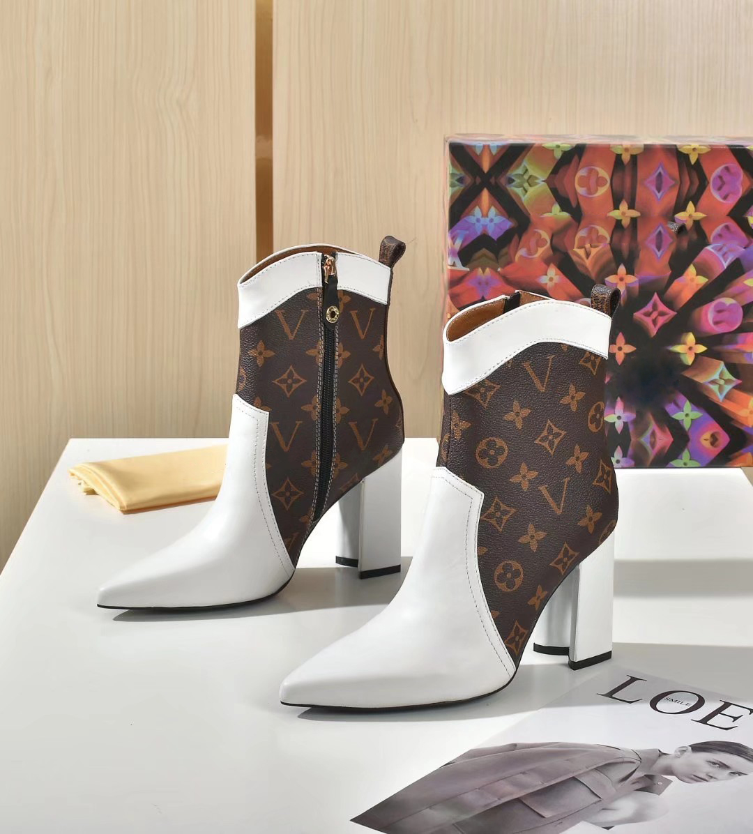 

High quality women pointy boots thick heels brand luxury designer classic boot Upper cowhide sheepskin inside size35-42, As picture 5