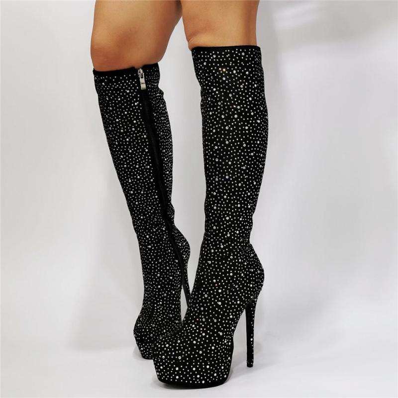 

2021 Black Glitter Flock Slim Fit Over The Knee Boots Women Zipper ladies High heel Long Thigh High Platform botas Runway Shoes, As picture