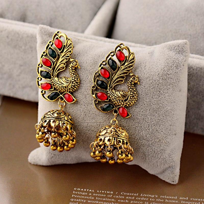 

Retro Gold Peacock Jhumka Earrings Jewelry For Women Brincos Vintage Ethnic Gypsy Stone Beads Bell Tassel Earrings