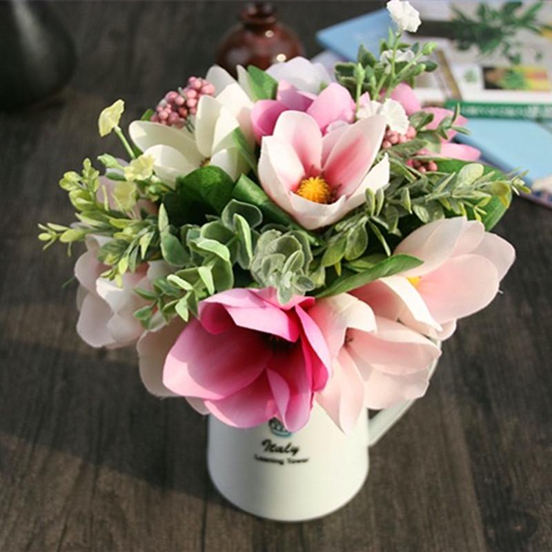 

Silk flower wedding bouquet Magnolia Artificial flowers fall vivid fake leaf wedding flower bridal bouquets decoration, Pink