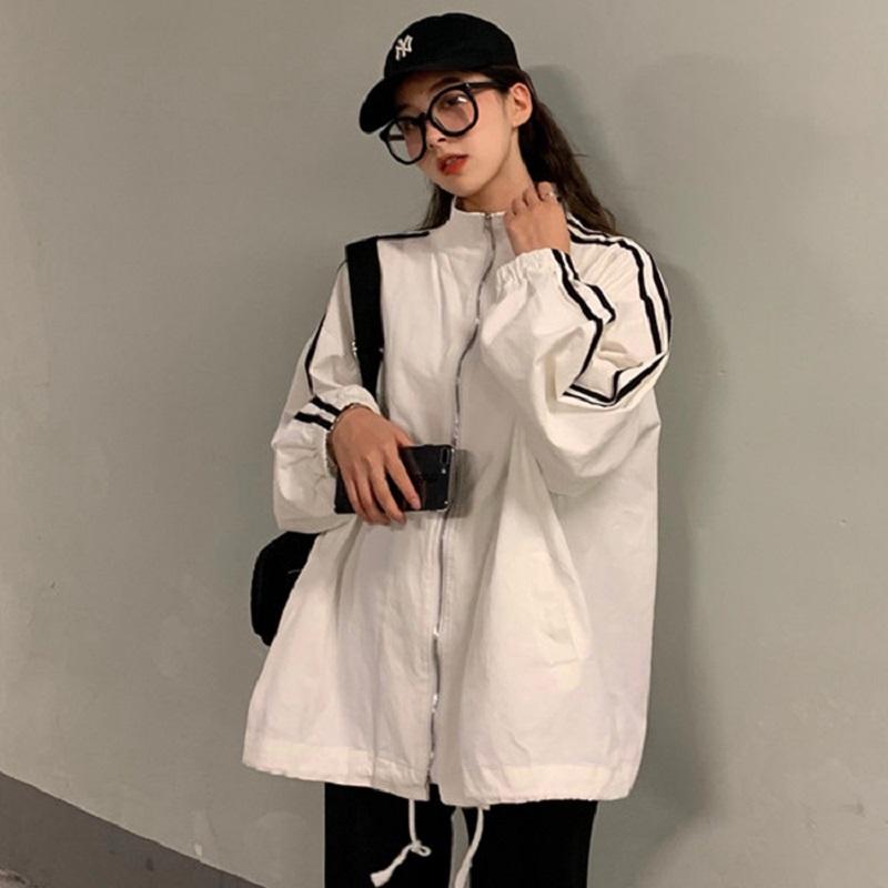 

Autumn coat female Harajuku vintage BF Preppy Style Korean fashion loose long-sleeved stand collar simple casual women jacket, Black