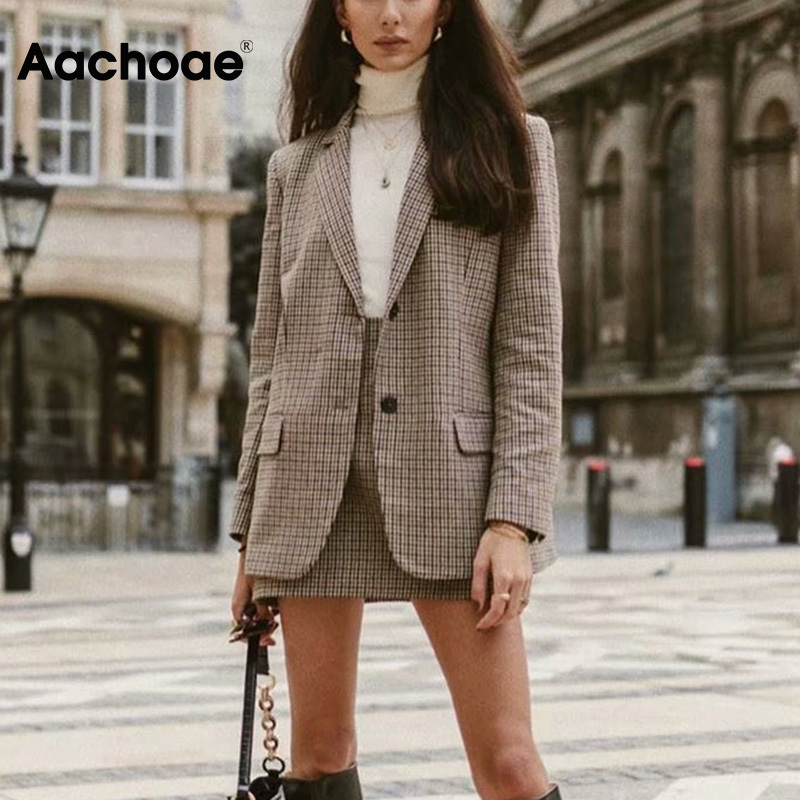 

Aachoae Plaid Tweed Skirts Suit 2020 Spring Long Sleeve Houndstooth Office Blazer Jacket & Skirt 2 Pieces Sets Women Suits, White;black