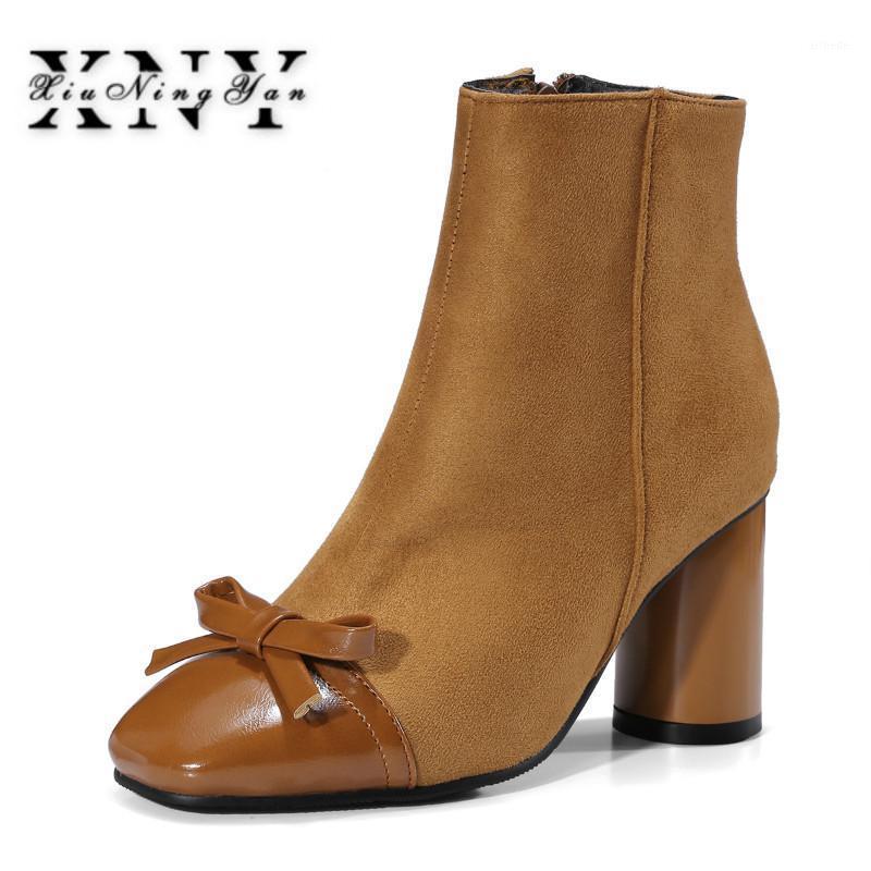 

XIUNINGYAN 2021 Autumn Fashion Women Boots Thick High Heels Platform Zipper Leather Short Booties Black Lady Shoes Large Size 431, Black thin plush