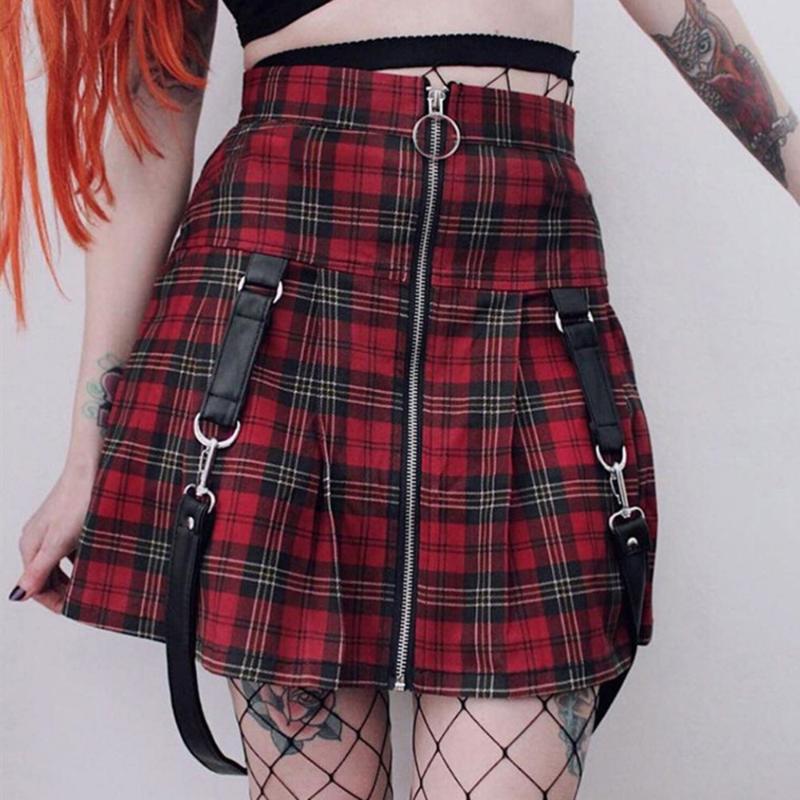 

Women Punk Plaid Skirt Chic Zip A-line Skirt A-line Gothic Short With Belt Decor Fashion Young Girl Student, Red
