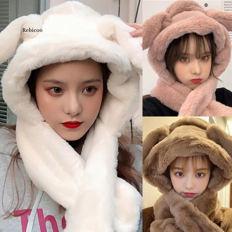 

Fluffy Plush Earflap Hat with Moving Ears Warm Beanie Cap Scarf, White