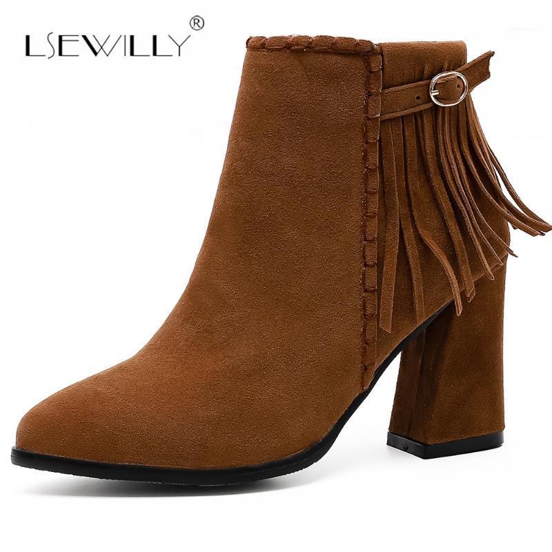 

Lsewilly new arrive black apricot women boots square heels zipper flock ankle boots platform fringe simple big size 34-43 S7421