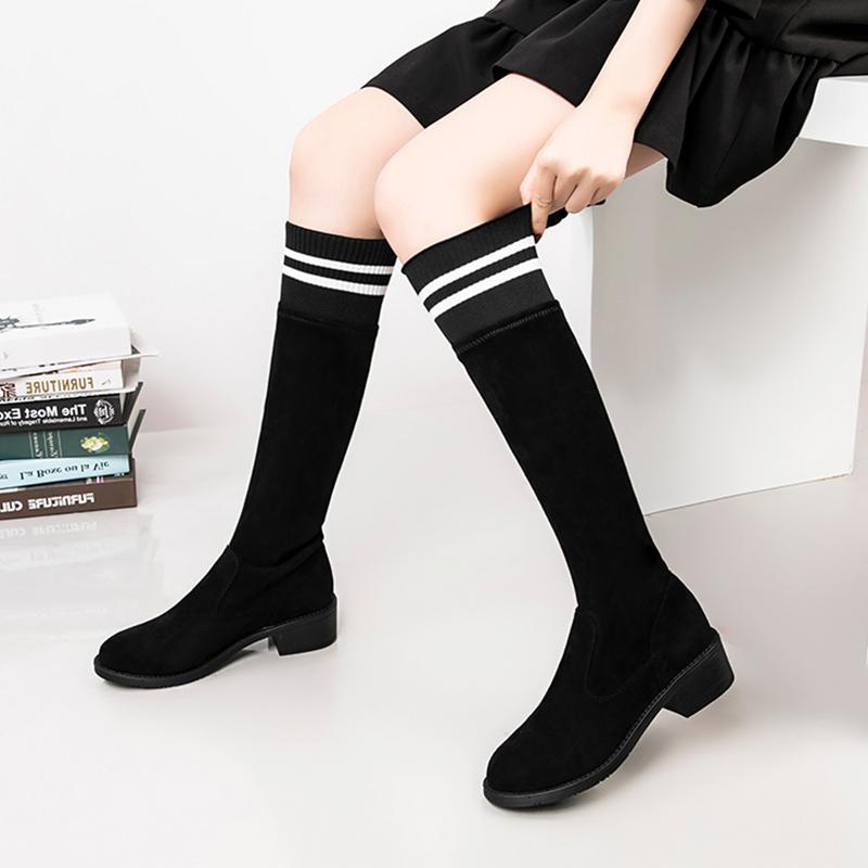 

2020 autumn winter knee high boots women med-high heels riding booties soft flock tube long botas mujer stripe knitting boots, Black