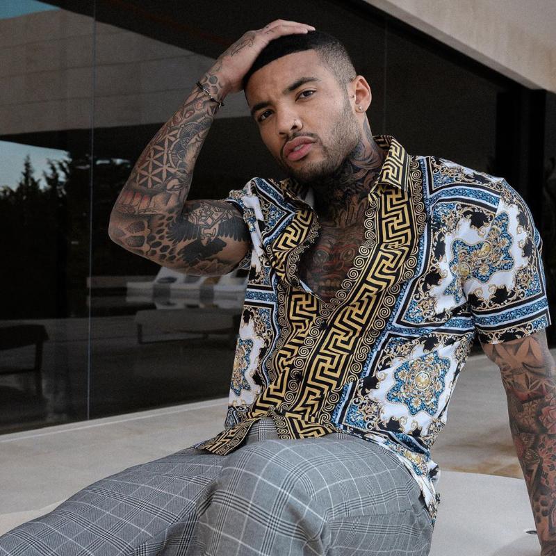 

Summer 2021 Retro Printed Shirt Fashion Cardigan Men' Short Sleeve Button Up Shirt Japanese Fashion Steetwear, Beige