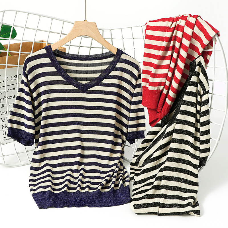 

2021 New Black White Striped Women Cotton Shirt Rib Casual Short Sleeves Top High Quality V-neck Female Bigsize t Bwg1, Blue