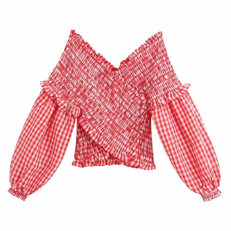 

Summer Women Red Plaid Elastic Short Smock Blouse Shirts Women Lantern Sleeve Agaric Lace Slim Femininas Tops1