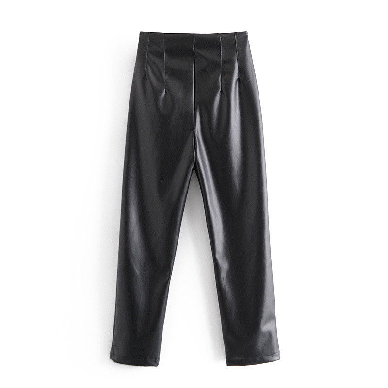 

2021 New Lady Faux Leather High Waist Skinny Pants Spring Autumn Fashion Velvet Pencil Trousers Lo48, Black