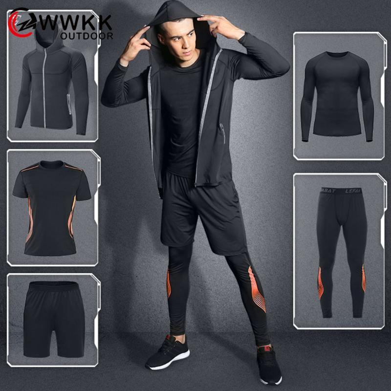 

WWKK Mens Fitness 5 Piece Set Running Shirt Shorts Gym Sport Long Sleeve Hooded Coat Tees Style Fashion Sport Shirt New Trousers, 5 piece set 1