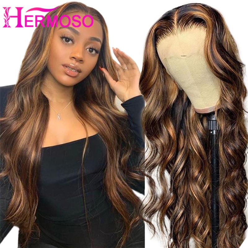 

30 Inch Highlight Wig Human Hair Body Wave Honey Blonde Lace Front Wigs Brown Wig 4/27 Highlight Colored Human Hair Wigs Hermoso, 4 27hl