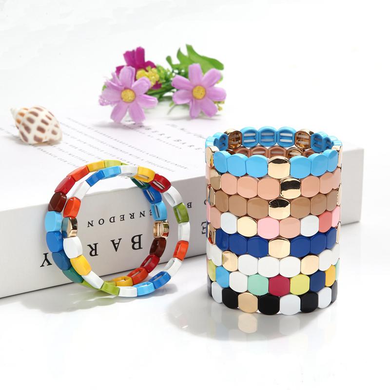 

Handmade Fahion Painted Metal Bracelets Elastic Stretch Enamel Beaded Tile Bracelets For Women/Men Girls Gift