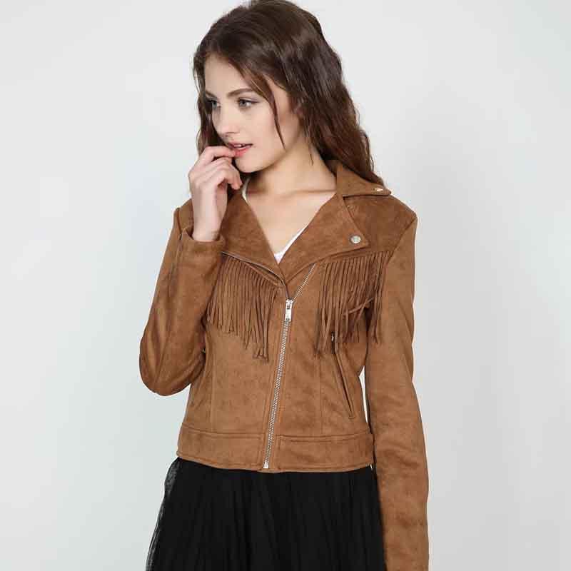 

Klacwaya 2020 Autumn Women Faux Suede Leather Biker Jackets Long Sleeve Tassel Zipper Suede Streetwear Hollow Out Brown coat