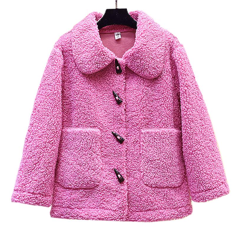 

PERHAPS U Women Fuchsia Green Blue Pink Beige Teddy Lambswool Jacket Turn Down Collar Button Pocket Loose Coat Winter C0313