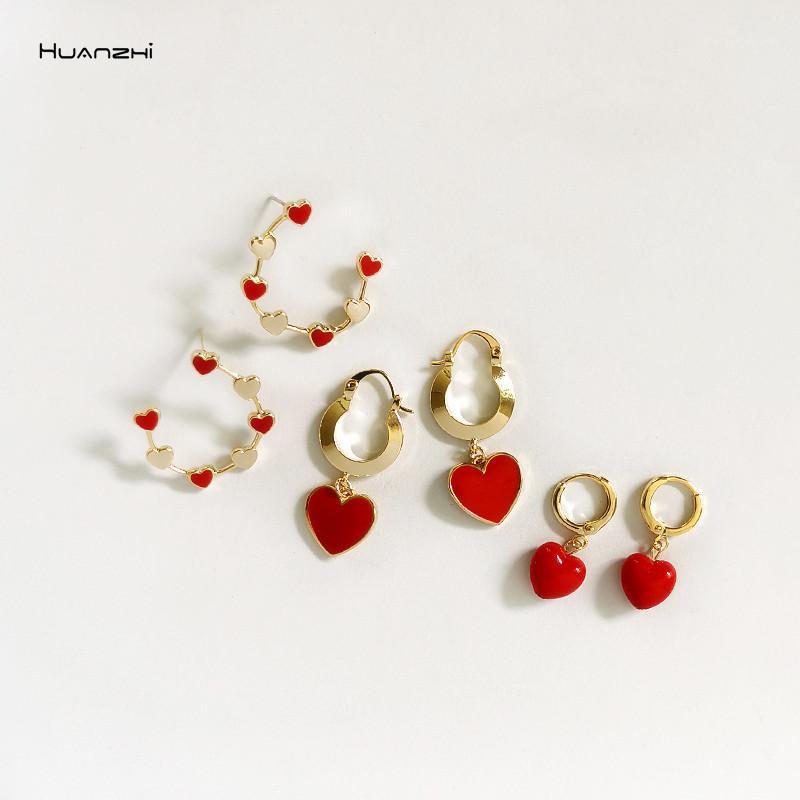 

HUANZHI 2019 New Korean Retro Red Love Circle Metal Geometric Irregular C-Shaped Hoop Earrings for Women Girls Party Jewelry1